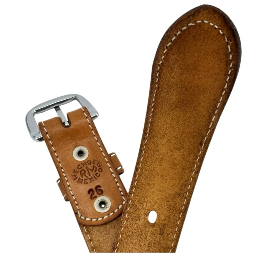 Vintage Western Boho Leather Belt with Stitched Detailing Brown Tan